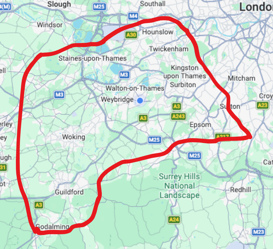 Map showing the CallGas Ltd service area across Walton-on-Thames and Surrey, with the coverage area marked in red